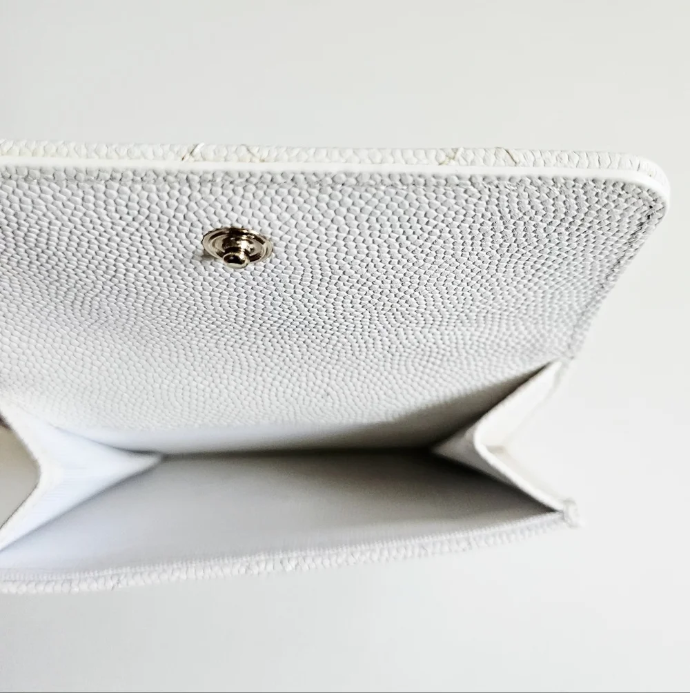 Chanel White Compact Tri-fold Caviar Leather Wallet With Pink Interior